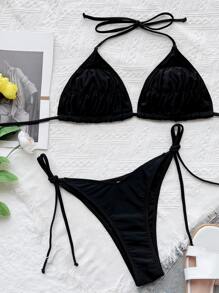 SHEIN Swim Summer Beach Solid Bikini Set Ruched Halter Triangle Bra & Tie Side Bottom 2 Pieces Bikini - Black - View 4