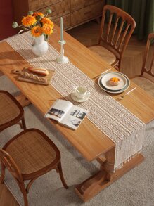 1 pieza Camino de mesa hueco de croché con diseño de fleco - Beis - Ver 4