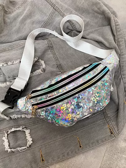 鐳射細節前拉鏈腰包