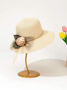 Flower & Mesh Straw Hat - Beige - View 1