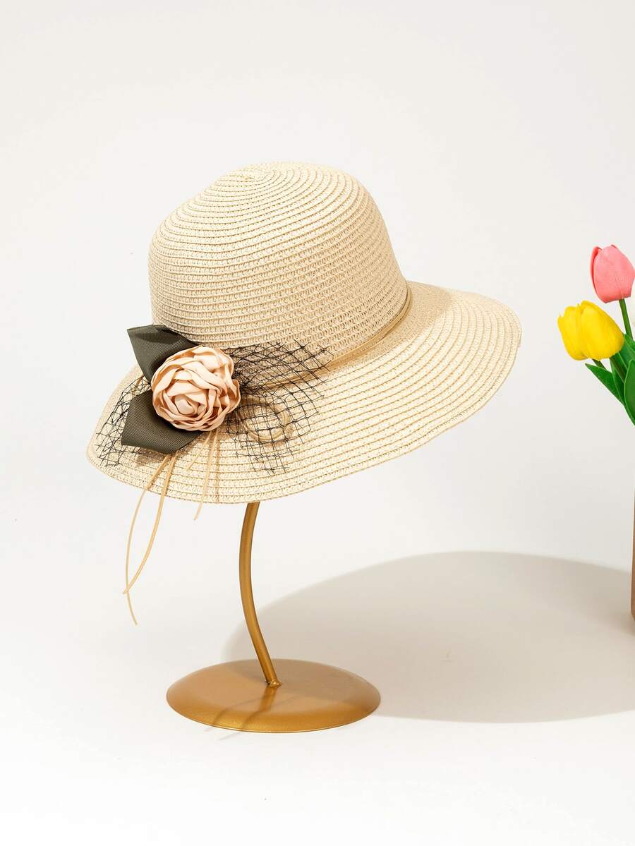 Flower & Mesh Straw Hat - Beige - View 1