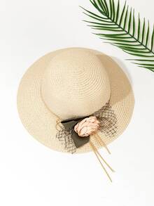 Flower & Mesh Straw Hat - Beige - View 2