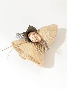 Flower & Mesh Straw Hat - Beige - View 3