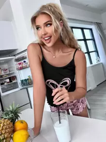 Heart Print Lettuce Trim PJ Set / Pajama Set - Multicolor - View 4