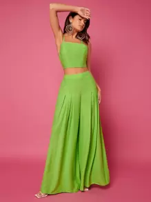 SHEIN VCAY Solid Lace Up Backless Cami Top & Trousers Set - Lime Green - View 1