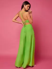 SHEIN VCAY Solid Lace Up Backless Cami Top & Trousers Set - Lime Green - View 2