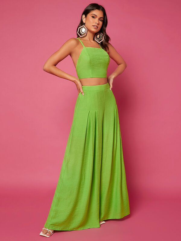 SHEIN VCAY Solid Lace Up Backless Cami Top & Pants Set SHEIN USA