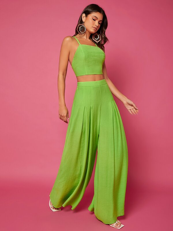 SHEIN VCAY Solid Lace Up Backless Cami Top & Pants Set SHEIN USA