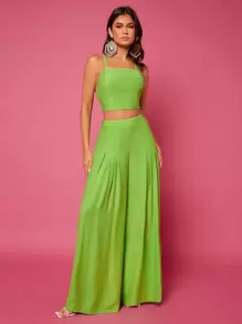 SHEIN VCAY Solid Lace Up Backless Cami Top & Trousers Set - Lime Green - View 6