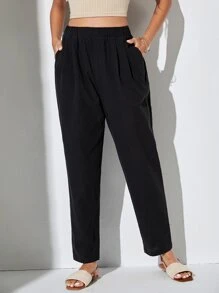 SHEIN Essnce 素色斜口袋長褲 - 黑色 - 查看 1