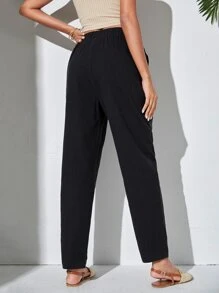 SHEIN Essnce 素色斜口袋長褲 - 黑色 - 查看 2