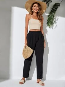 SHEIN Essnce 素色斜口袋長褲 - 黑色 - 查看 5