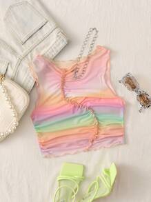 SHEIN MOD Ombre Lettuce Trim Sheer Mesh Tank Top - Multicolor - View 1
