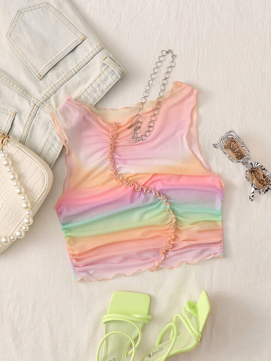 SHEIN MOD Ombre Lettuce Trim Sheer Mesh Tank Top - Multicolor - View 1