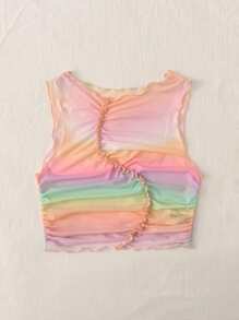 SHEIN MOD Ombre Lettuce Trim Sheer Mesh Tank Top - Multicolor - View 4