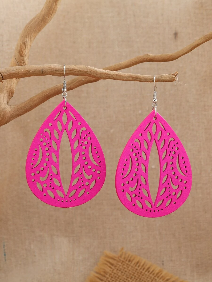 波西米亚欧式耳环，时尚创意百搭木雕耳环，适合度假旅行 - 玫紅色 - 查看 1