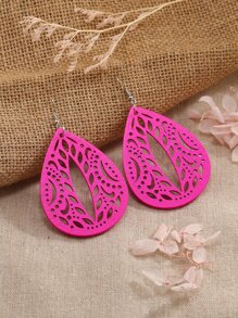 波西米亚欧式耳环，时尚创意百搭木雕耳环，适合度假旅行 - 玫紅色 - 查看 3