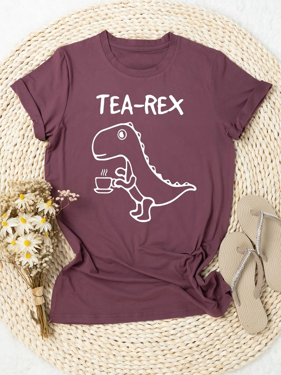 SHEIN LUNE Plus Letter & Dinosaur Print Tee Graphic Tees Women Tops - Purple - View 1