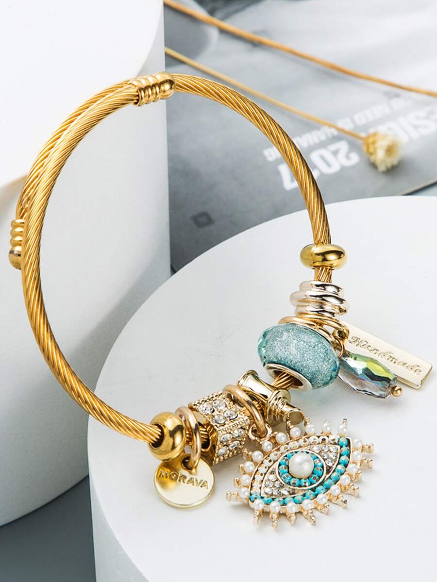 Rhinestone Decor Eye Charm Bangle - Multicolor - View 1
