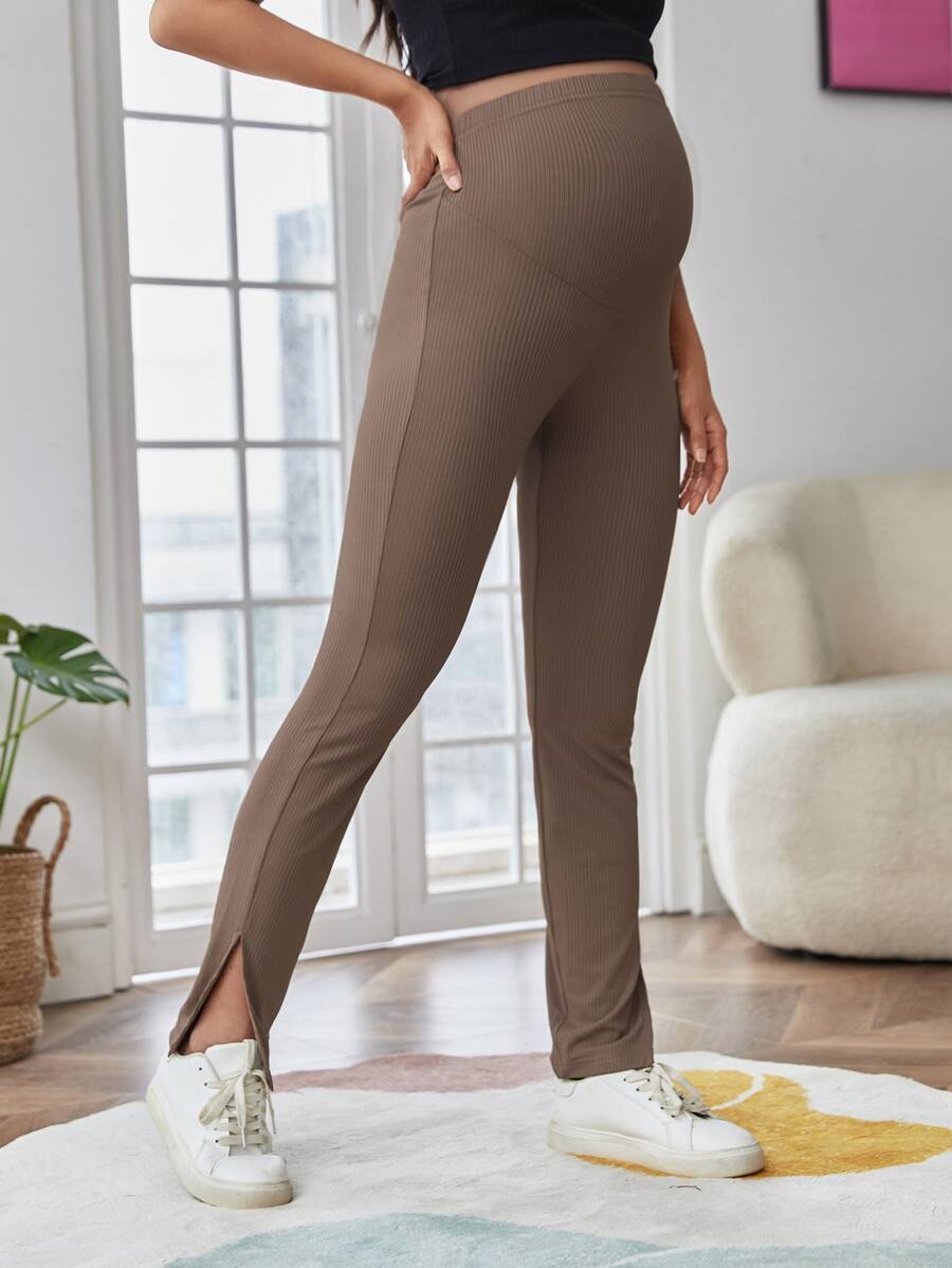 SHEIN Maternidad Pantalones tejido de canalé bajo con abertura - Marrón Mocha - Ver 1