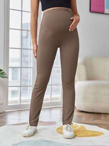 SHEIN Maternidad Pantalones tejido de canalé bajo con abertura - Marrón Mocha - Ver 3