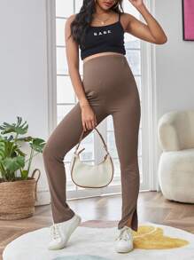 SHEIN Maternidad Pantalones tejido de canalé bajo con abertura - Marrón Mocha - Ver 6