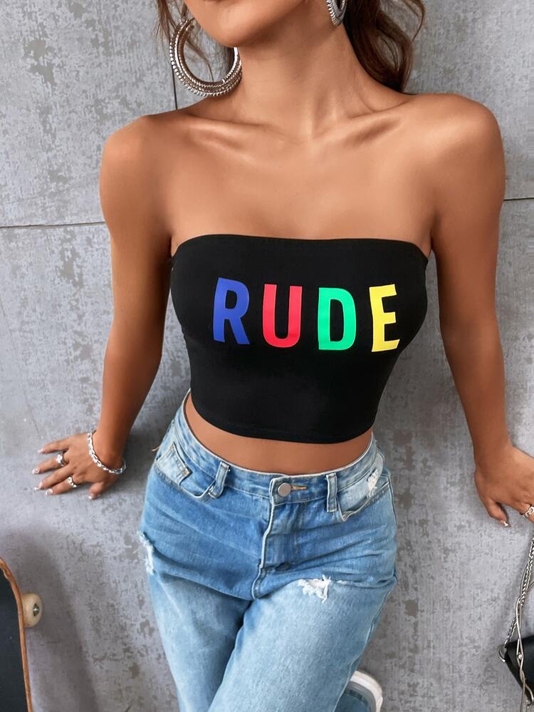 Letter Graphic Crop Tube Top - Black - View 3