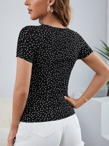 SHEIN Privé Polka Dot Print Cut Out Tee - Black - View 2