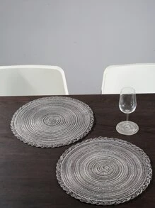 1pc Round Woven Placemat, Grey Polyester Table Mat For Dining Room - Dark Grey - View 1