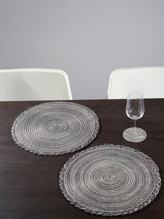 1pc Round Woven Placemat, Grey Polyester Table Mat For Dining Room