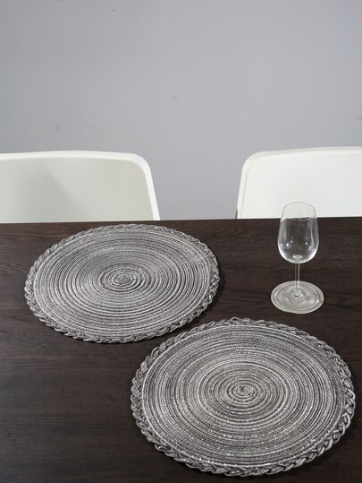 1pc Round Woven Placemat, Grey Polyester Table Mat For Dining Room