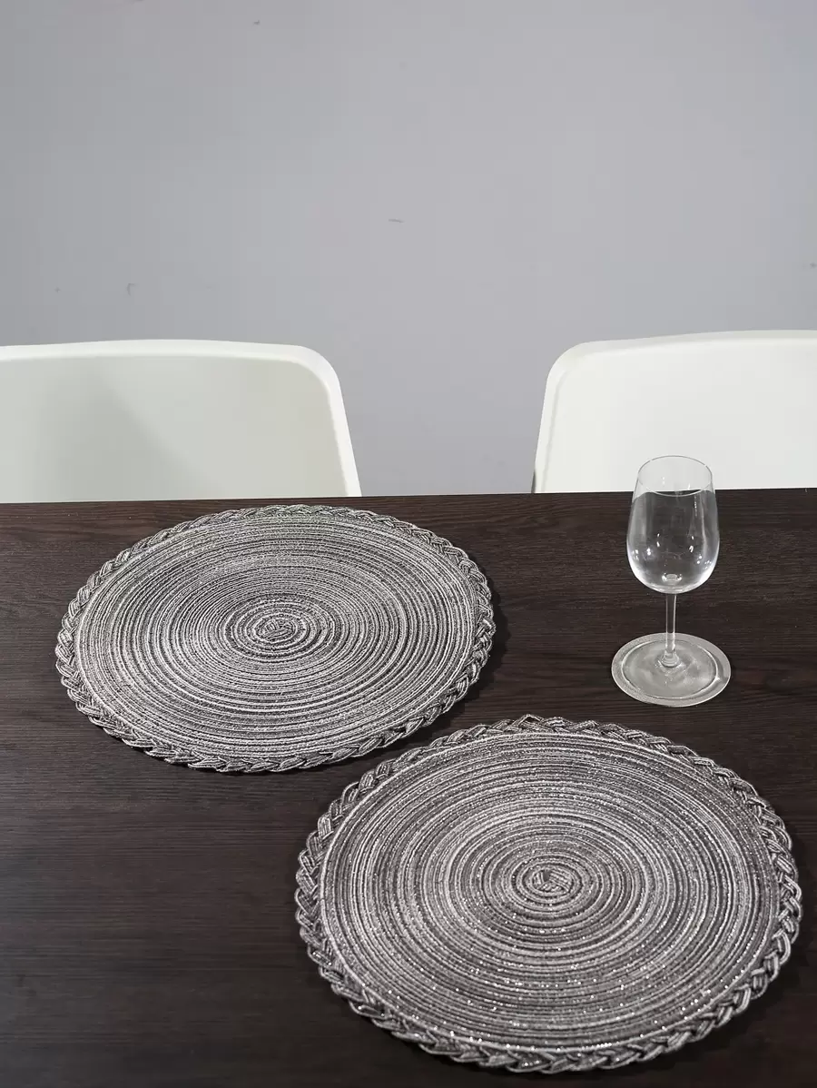 1pc Round Woven Placemat, Grey Polyester Table Mat For Dining Room - Dark Grey - View 1