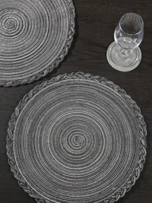 1pc Round Woven Placemat, Grey Polyester Table Mat For Dining Room - Dark Grey - View 3