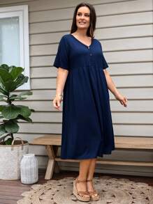 EMERY ROSE Đầm Plus Size Gân đan Nút phía trước màu trơn Giải trí - Màu xanh hải quân - Xem 5