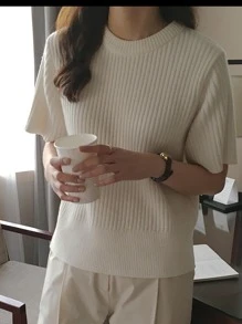 DAZY Solid Round Neck Ribbed Knit Top,Fall Clothes,Back To School Clothes - White - View 2