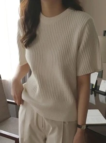 DAZY Solid Round Neck Ribbed Knit Top,Fall Clothes,Back To School Clothes - White - View 6