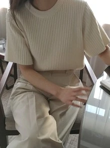 DAZY Solid Round Neck Ribbed Knit Top,Fall Clothes,Back To School Clothes - White - View 7