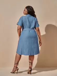 SHEIN SXY Plus Dual Pocket Button Front Belted Denim Dress - Medium Wash - View 2