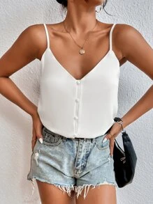 SHEIN Frenchy Floral Print Button Front Cami Top Back To School Clothes  Fall Women Clothes   Old Money Style  Teacher Outfits  4th Of July Clothes  Commute Minimalist Office Old Money  Simple Summer White - White - View 3