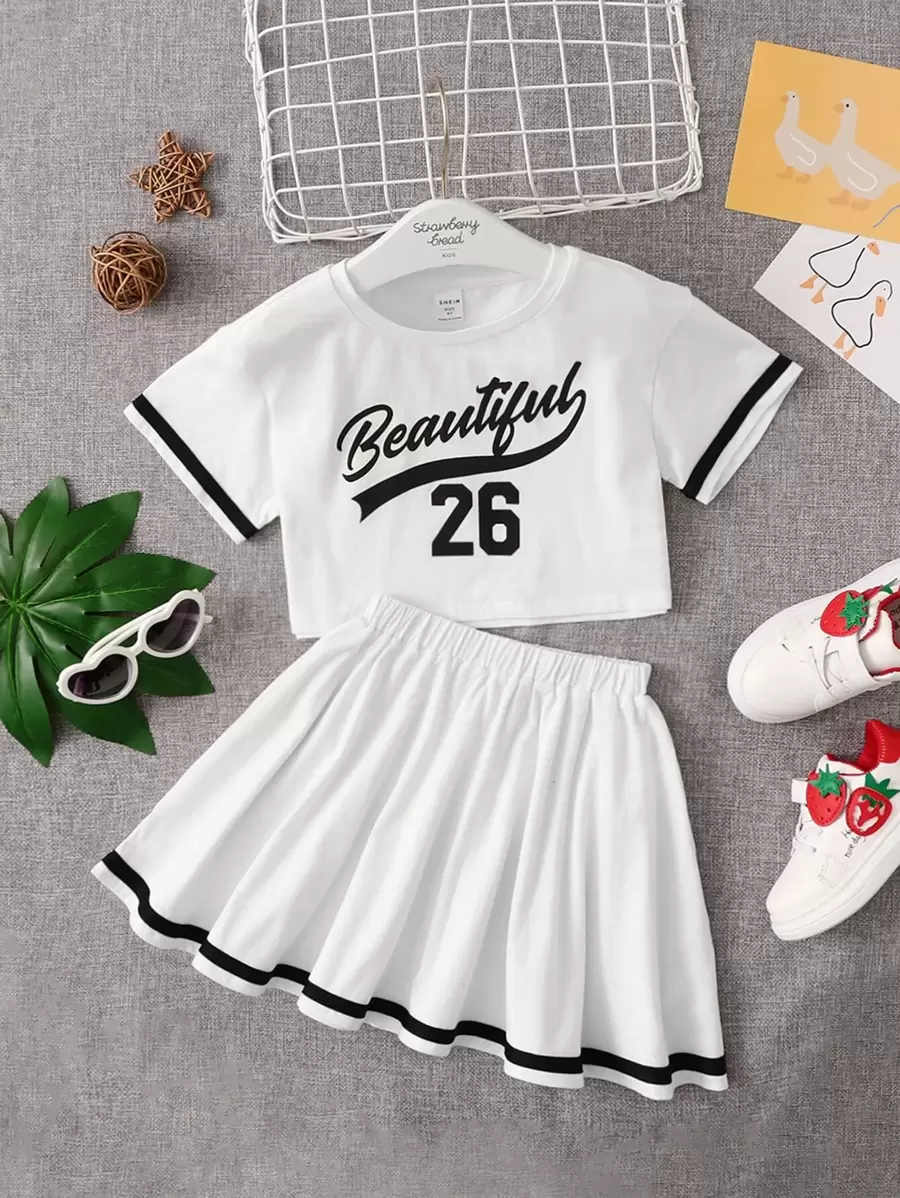 SHEIN 年轻女孩休闲百搭字母图案圆领落肩套头衫和 A 字裙 2 件套