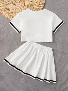 SHEIN 年轻女孩休闲百搭字母图案圆领落肩套头衫和 A 字裙 2 件套