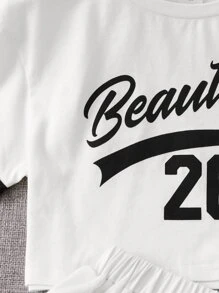 SHEIN 年轻女孩休闲百搭字母图案圆领落肩套头衫和 A 字裙 2 件套