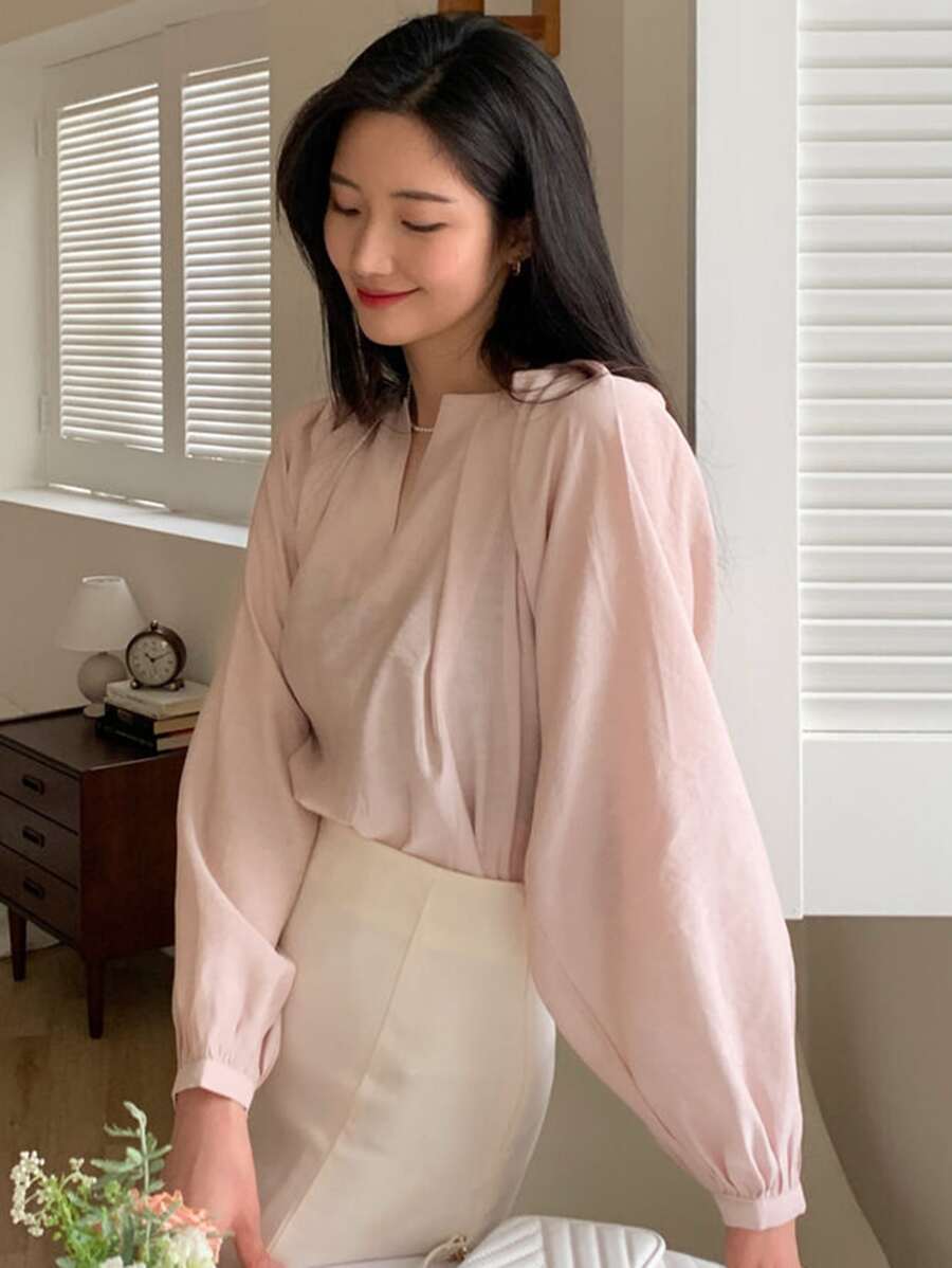 DAZY Solid Bishop Sleeve Blouse - Baby Pink - View 1