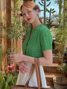 DAZY Button Up Cable Knit Cardigan - Green - View 1