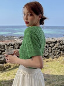 DAZY Button Up Cable Knit Cardigan - Green - View 2