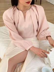 DAZY Solid Bishop Sleeve Blouse - Baby Pink - View 7