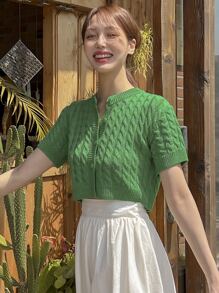 DAZY Button Up Cable Knit Cardigan - Green - View 4