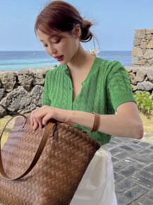 DAZY Button Up Cable Knit Cardigan - Green - View 6