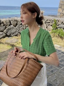 DAZY Button Up Cable Knit Cardigan - Green - View 7