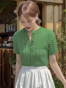 DAZY Button Up Cable Knit Cardigan - Green - View 8